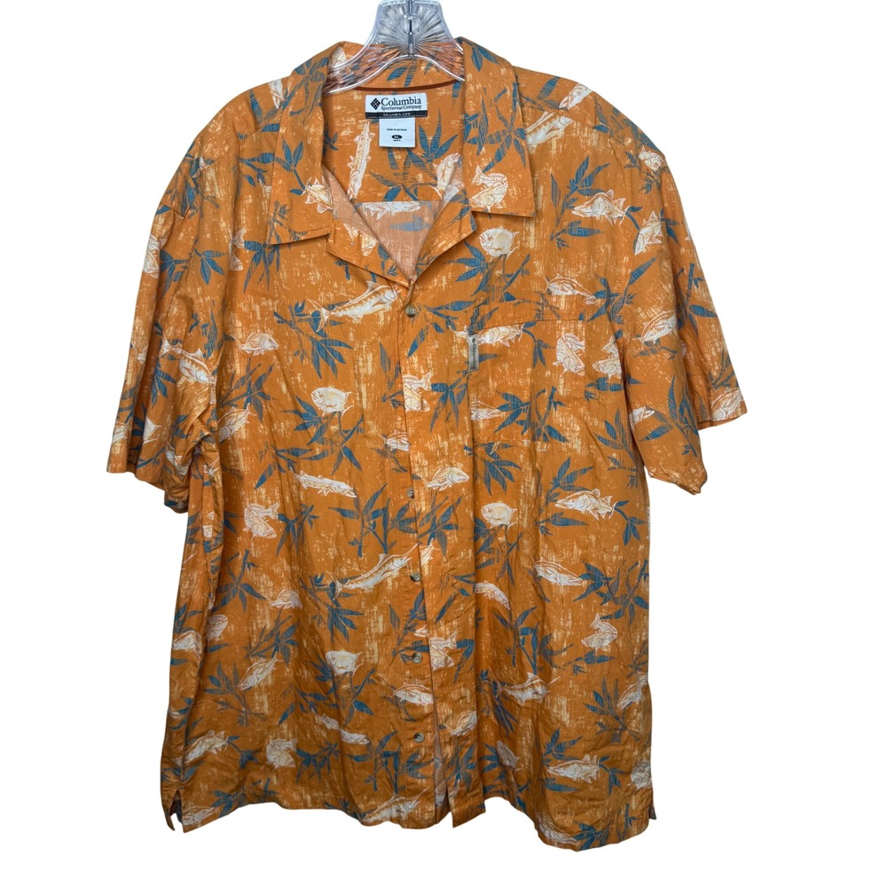 Columbia Sportswear Company Mens XL Orange‎ Fish Short Sleeve Button Up Shirt